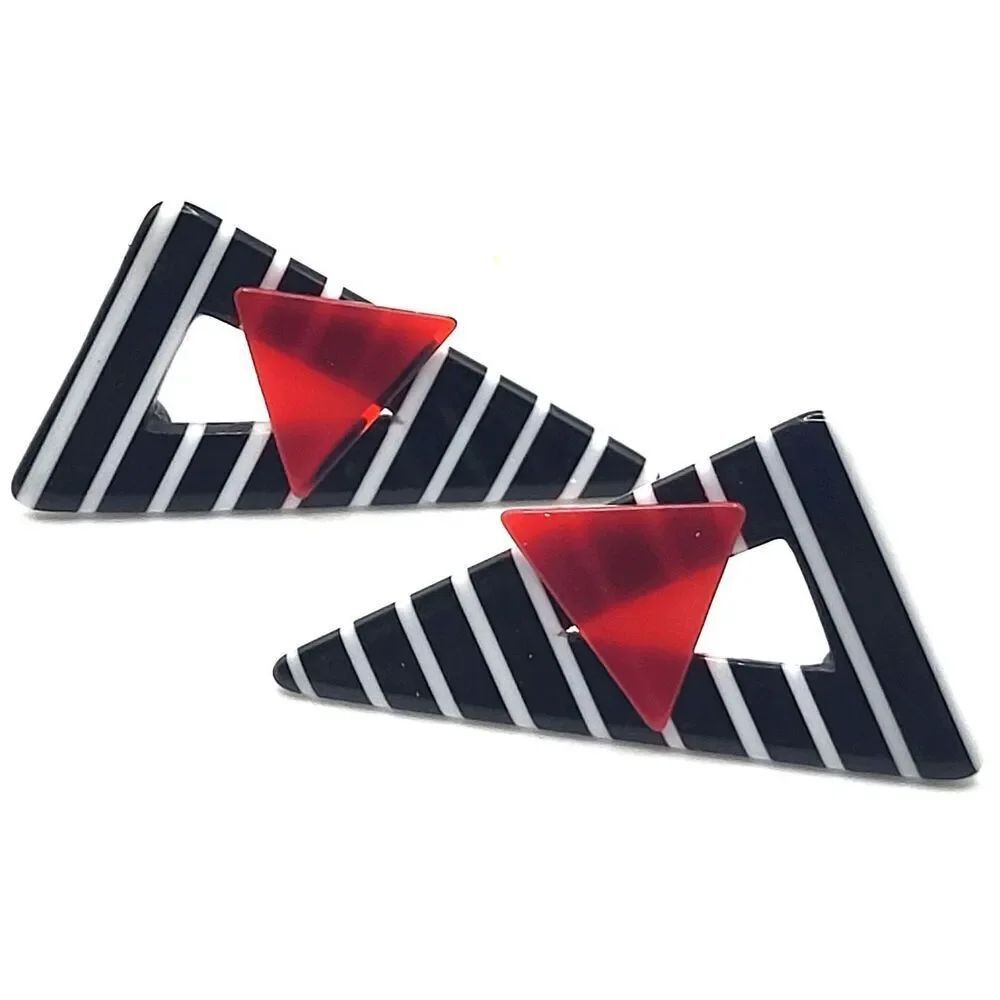 MCM 60s Striped Acrylic Triangle Post Stud Earrings 1.75in